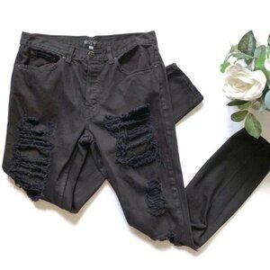 Nasty Gal High Rise Skinny Jeans Black Distressed Ripped Size 27